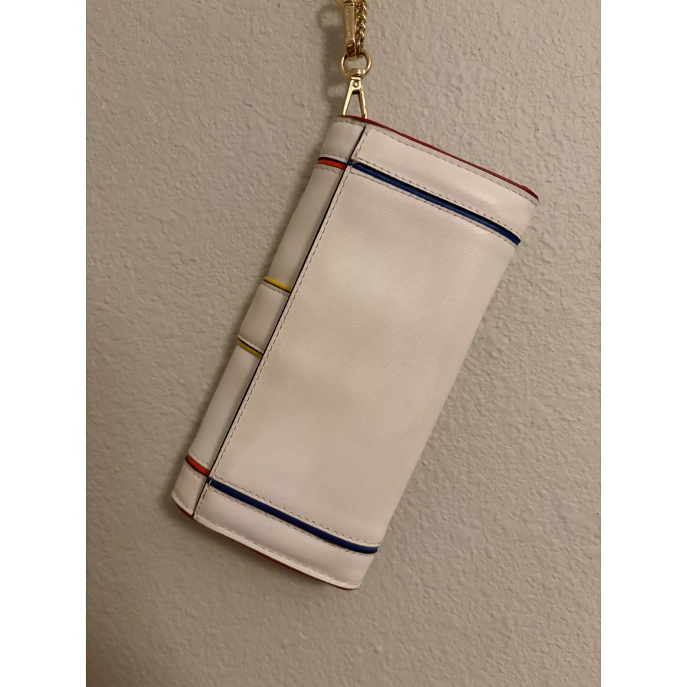 Michael Kors White Leather Stripe Wallet Clutch Gold Chain Wristlet - Picture 5 of 6